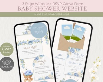 Baby in Bloom - Baby Shower Invitation Template: Blue, Editable Canva Website (Digital Download)