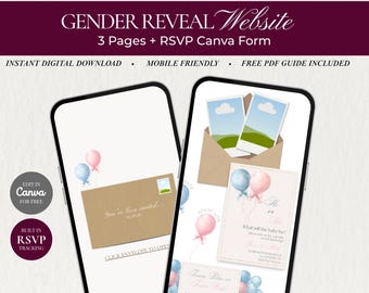 Balloon Gender Reveal Invitation, Pink & Blue (Canva Template, Digital Download), Canva editable