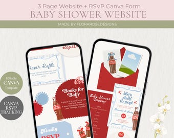 Invitación "Está lista para dar a luz" (azul y rojo) / Sitio web para baby shower / Plantilla editable en Canva