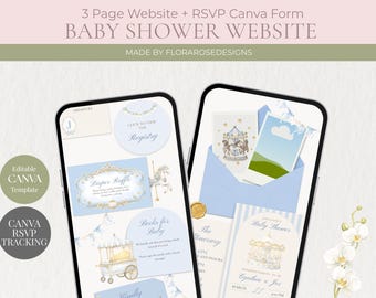 Sitio web para baby shower con diseño de carrusel azul / Sitio web digital / Plantilla editable en Canva