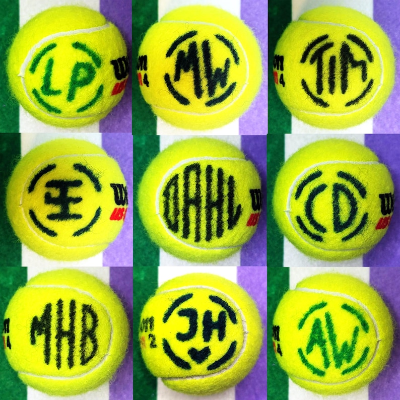 May include: Nine yellow tennis balls with black embroidered initials on each ball. The initials are LP, MW, TIM, E, DAHL, CD, MHB, JH, and AW.