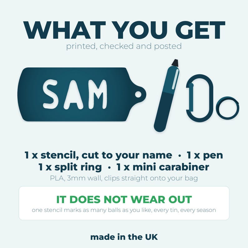 May include: A dark blue custom name stencil with the text SAM, a dark blue pen, a dark blue split ring, and a dark blue mini carabiner. The image includes text stating what you get, 1x stencil, 1x pen, 1x split ring, 1x mini carabiner, and it does not wear out.