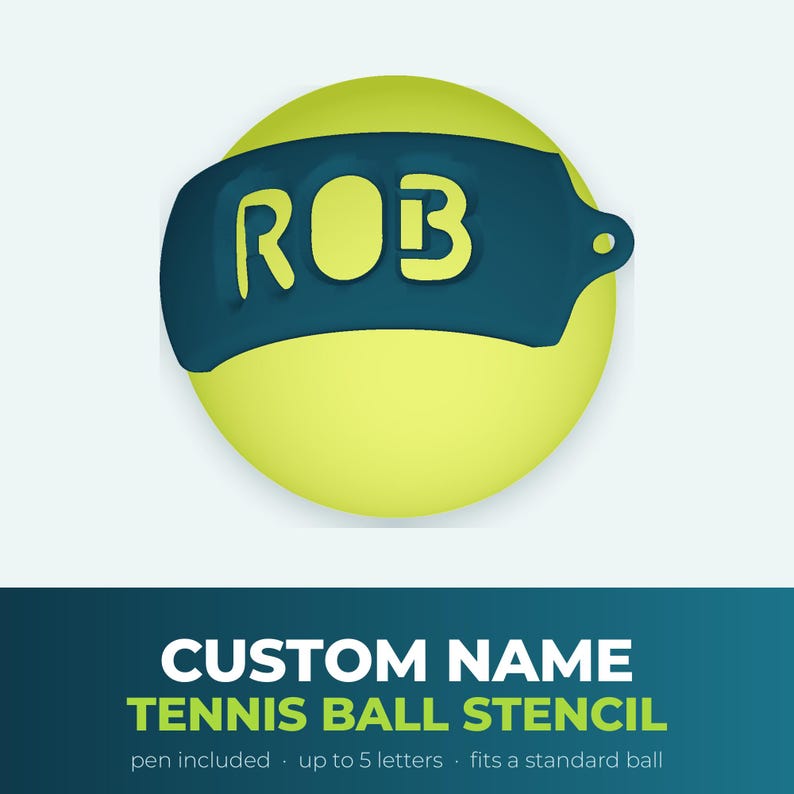 May include: A yellow tennis ball featuring a dark blue stencil overlay with the name ROB cut out in the center. Below the ball, the text reads CUSTOM NAME TENNIS BALL STENCIL, pen included, up to 5 letters, fits a standard ball.