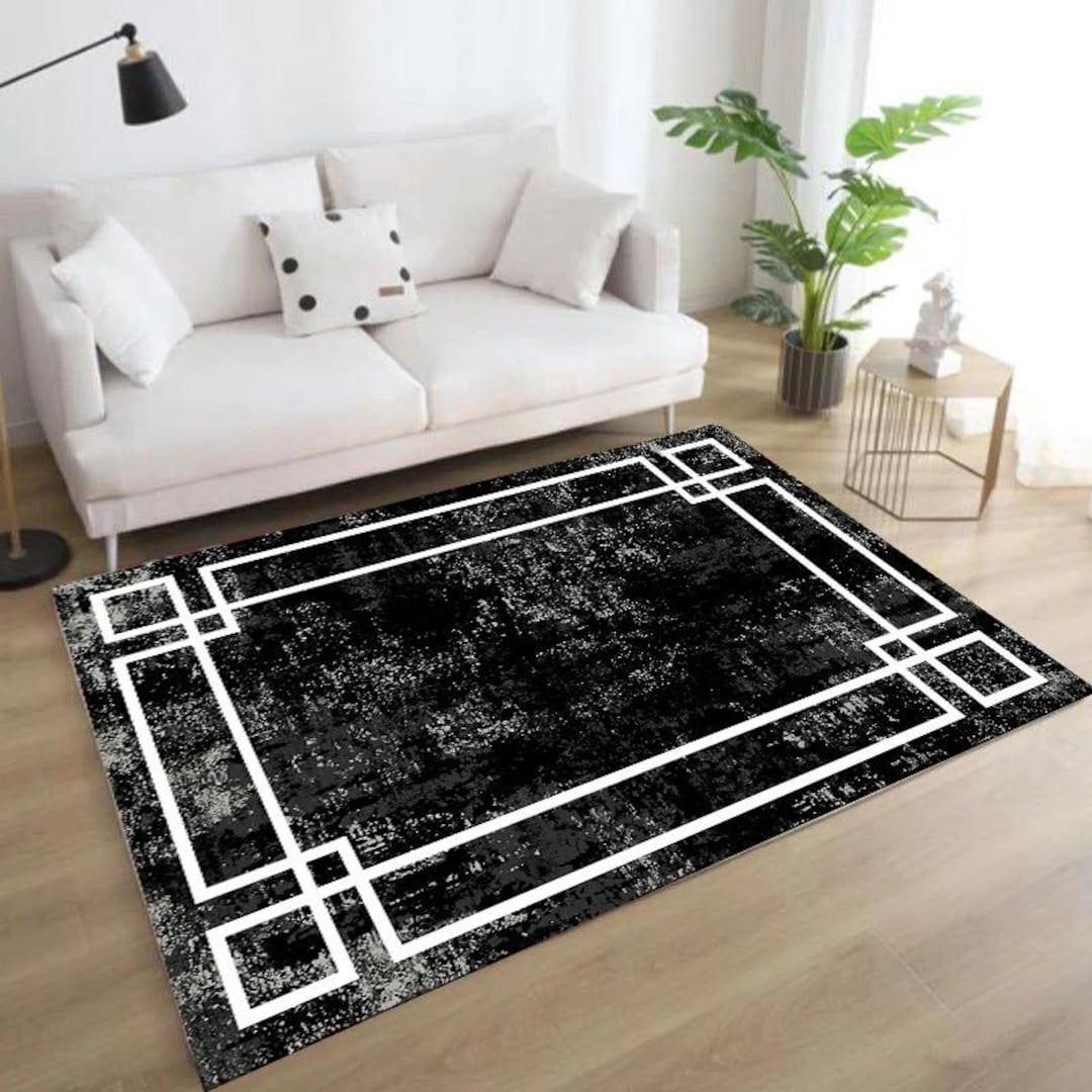 Modern Living Room Rug, Black-white Rug, 3D Printed Rug, Gift for Mom, Saloon Area Rug, Black ...
