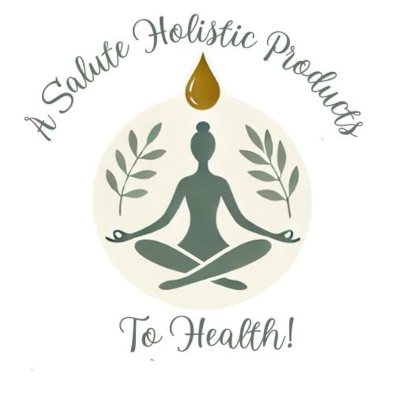 May include: A logo for a holistic product company. The logo features a green silhouette of a person meditating with a drop of golden oil above their head. The text "A Salute Holistic Products" is written in a circular arc above the person, and the text "To Health!" is written below the person.