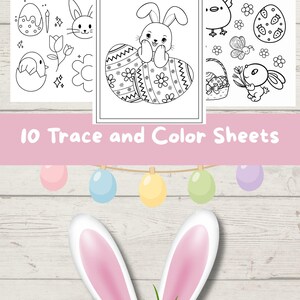 May include: A collection of ten trace and color sheets with Easter-themed illustrations. The sheets feature images of bunnies, eggs, chicks, and flowers. The text "HAPPY EASTER" and "Smile" are also included. The background includes bunny ears, grass, and pastel-colored Easter eggs.