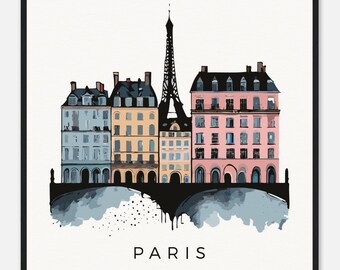 Watercolour framed print of Paris in France - Framed in various sizes
