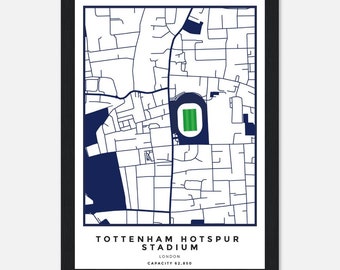 May include: A black and white map of the Tottenham Hotspur Stadium in London, England. The stadium is outlined in blue and the field is green. The text "Tottenham Hotspur Stadium" is printed below the map, along with "London" and "Capacity 62,850".