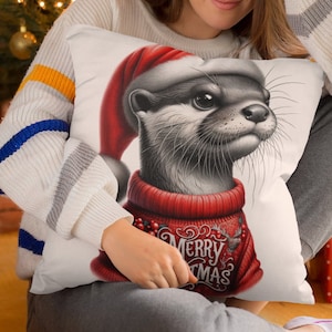 Christmas Otter Pillow, Otter Christmas Sweater, Merry Christmas Otter, Animal Pillow, Holiday Decor, Otter Gift