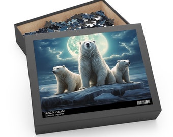 Puede incluir: Un rompecabezas de 500 piezas con tres osos polares de pie en un témpano de hielo nevado bajo una luna llena. La caja del rompecabezas es negra con un borde blanco y el texto "16x20 Puzzle 500 pcs Ages 9+"