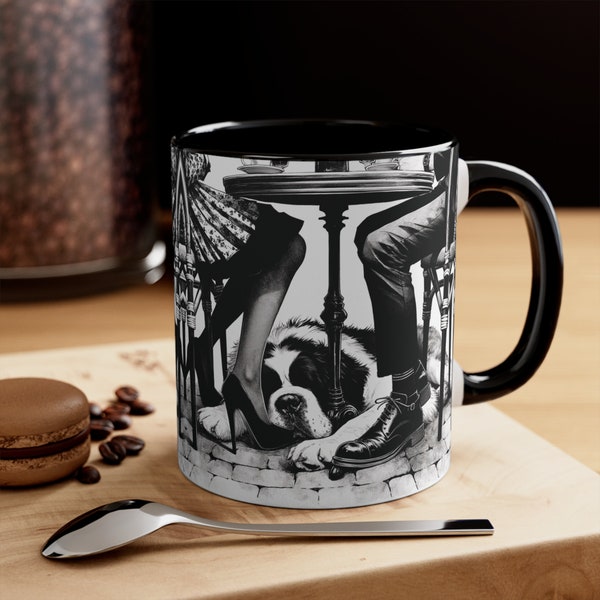 Couple & Dog Café Scene Coffee Mugs - Romantic Pet Lovers' Mugs, Unique Cafe-Themed Drinkware, St. Bernard Mug, Dog Owner Mug, Fun Dog gift