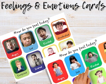 Könnte beinhalten: Zwei bunte Karten mit Bildern von Kindern, die verschiedene Emotionen ausdrücken. Jede Karte trägt den Text "Wie fühlst du dich heute?" und zeigt ein Raster mit Bildern und entsprechenden Gefühlsbezeichnungen wie "Wütend", "Traurig", "Aufgeregt", "Frustriert", "Verwirrt", "Angst" und "Glücklich".