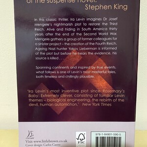May include: Book cover for the novel "The Swiss Watchmaker" by Ira Levin. The cover features a dark background with white text. The text includes a quote from Stephen King, "Levin is the Swiss watchmaker of the suspense novel." and a blurb about the book.