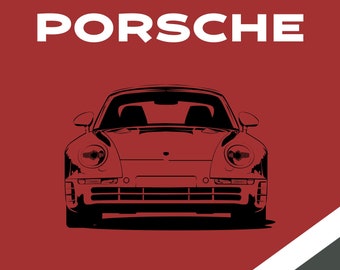 May include: A black and white silhouette of a Porsche 959 sports car against a red and gray background. The car is facing the viewer and the word "PORSCHE" is written in white letters at the top of the image.