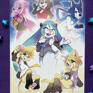 May include: A colourful art print featuring five cartoon animal characters against a starry background. The characters are a pink wolf, a red fox, a blue wolf, a white rabbit and a yellow cat. The print is titled "A5 Art Poster 170gsm".