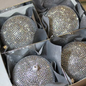 Rhinestone Christmas Ball Ornaments - Handmade Silver Set of 4