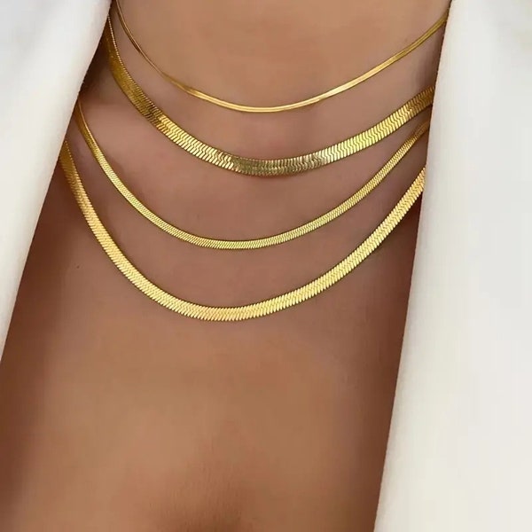 18k Gold Plated Simplistic  Stainless Steel Herringbone Flat Nake Style Necklace.  Minimalist Style, Versatile