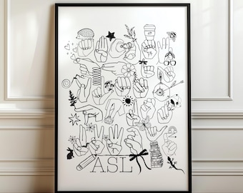 ASL Alphabet Doodle Print: Sign Language Classroom Decor (Digital Download)
