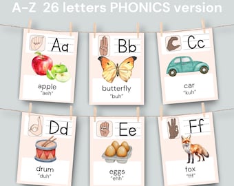 May include: A series of ASL alphabet posters, A-Z, with phonics versions. Each poster features a letter, a corresponding image, and the word's pronunciation. Images include an apple, butterfly, car, drum, eggs, and fox.