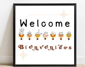May include: A framed print with the word "Welcome" in black letters above a series of hand gestures in sign language. Below, the word "Bienvenidos" is written in a brown, stylized font. The background is white with starburst accents.