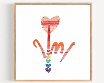 Peut inclure: Une impression d'art encadrée présentant un design aquarelle coloré. L'œuvre représente un geste de la main avec un pouce en forme de cœur et une série de cœurs aux couleurs de l'arc-en-ciel. La palette de couleurs comprend des nuances de rouge, d'orange, de jaune, de vert, de bleu et de violet.