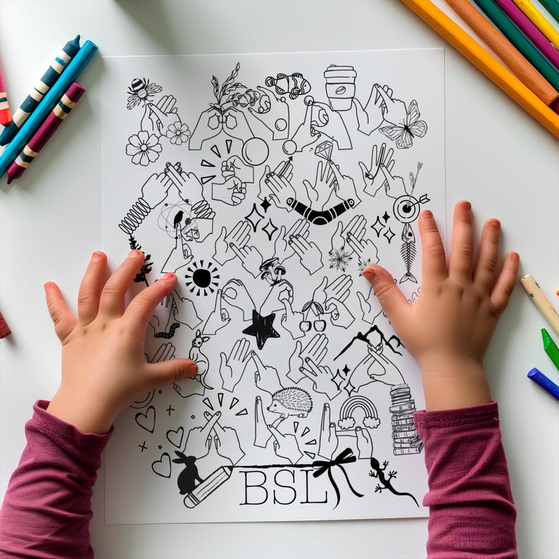BSL Alphabet Doodle Coloring Page for Kids: Printable Sign Language Art ...