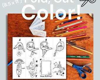Mini libro da colorare con la scritta ASL HAPPY BIRTHDAY: alfabeto del linguaggio dei segni stampabile (download digitale)