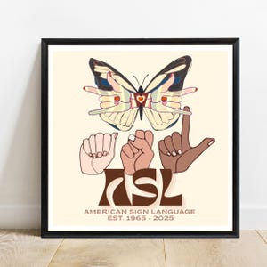 Gebarentaal direct downloaden, ASL muurkunst, ASL afdrukbare muurkunst, gebarentaal cadeau, ASL vlinder kunst aan de muur slaapzaal klas poster