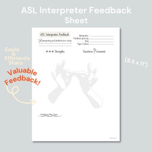 Puede incluir: Una hoja de comentarios imprimible para intérpretes de lenguaje de señas americano (ASL). La hoja incluye secciones para fortalezas, preguntas y comentarios. La hoja también incluye un gesto de lenguaje de señas.