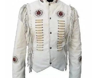 New Men's Cowboy Western Wear Suede Leather Jacket With Fringes and Beads