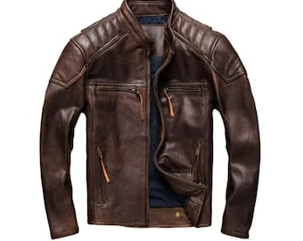Herren Distressed Brown Leder Bikerjacke Vintage Cafe Racer Motorradmantel