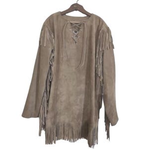 Nova camisa de guerra masculina em camurça com franjas, estilo cowboy nativo americano | Pulôver western feito à mão para montanha