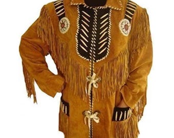 Men's Suede Leather Western Jacket: Cowboy Fringe Beaded Rodeo Coat