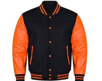Men’s Wool Blend Letterman Varsity Jacket College Baseball Retro Style with Genuine Leather Sleeves