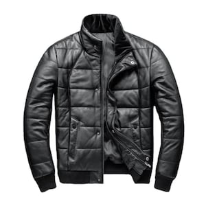 Blouson matelassé en cuir véritable pour hommes - Manteau d'hiver matelassé en peau de mouton, blouson aviateur chaud à bulles