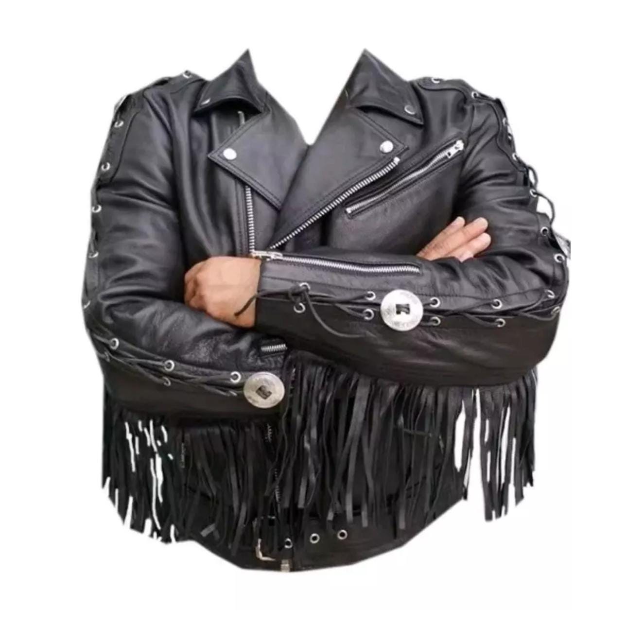 ジャケット・アウター leather fringe concho blouson black XL Vintage Black Fringe Leather Motorcycle Jacket - Tassle