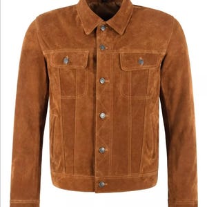 Men's Retro Vintage 80s 90s American Suede Leather Jacket - Brown Cowboy Western Trucker Style | Genuine Cow Suede | Handmade | Gift for Him