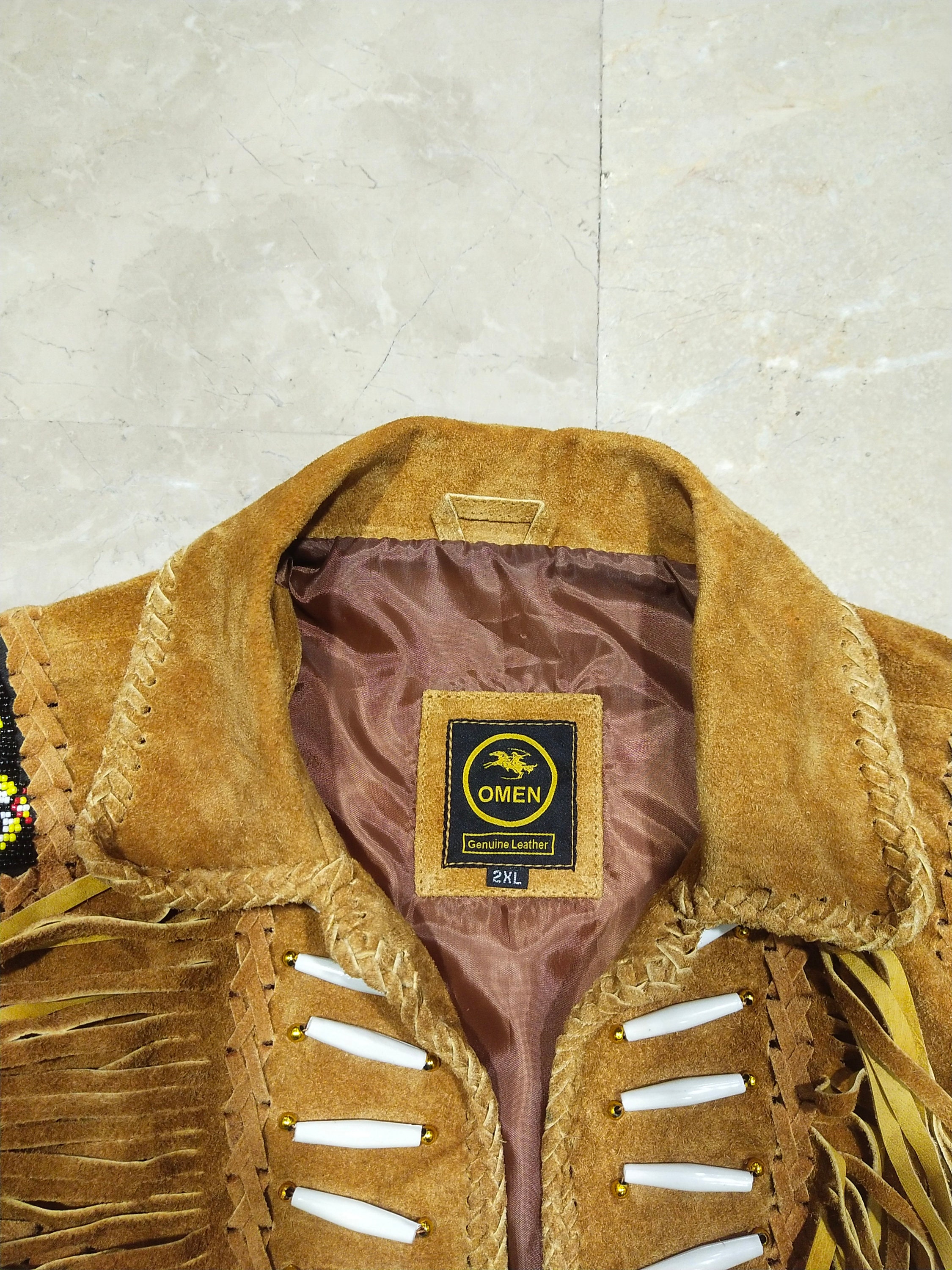 MATARTS Western Cowboy Wildlederjacke Für Herren Mit Fransen Und Perlen Im Knochen-Stil, Indianer-Mantel, Braun, Braun, M