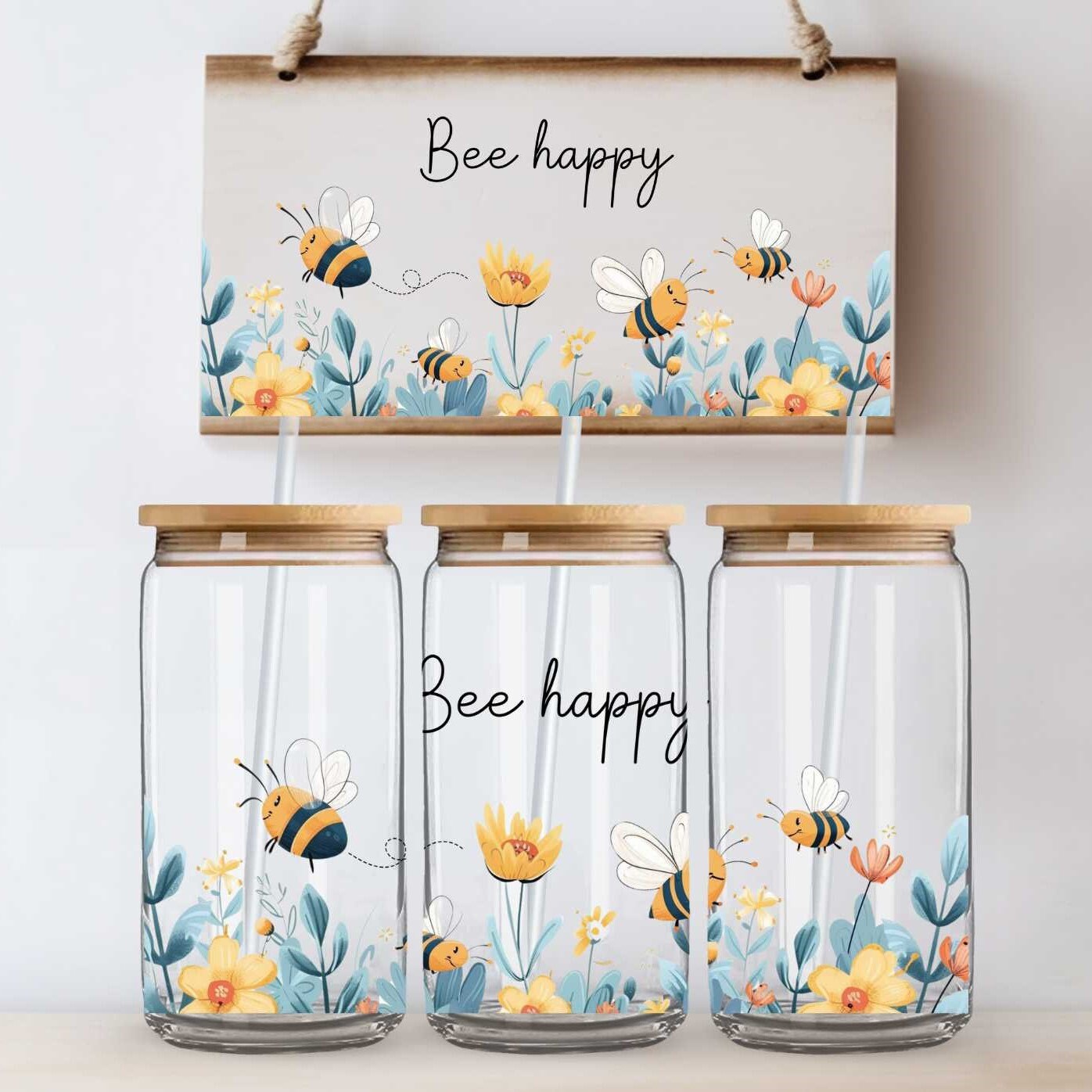 Bee Happy Libbey Glass Wrap, Beer Glass Can Wrap, Glass Tumbler Wrap, Honey Bee Glass Can PNG, Flowers Libbey PNG