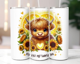 You are my Sunshine SEAMLESS 20oz Skinny Tumbler, Cute Baby Highland Cow Sublimation Design, Sunflowers png, Instant DIGITAL Download PNG,