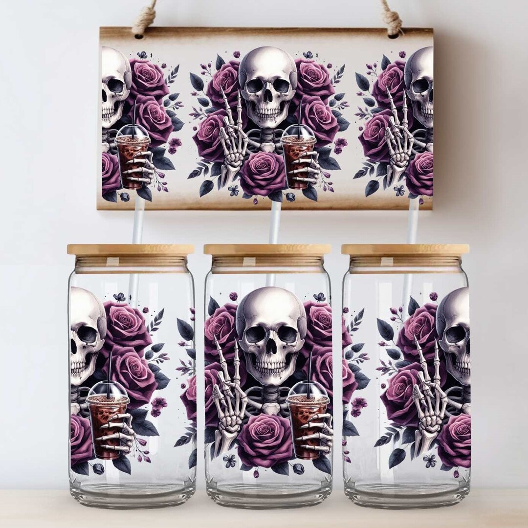 Skull Peace Sign SEAMLESS 16oz Libbey Can Wrap, Halloween Glass Wrap ...