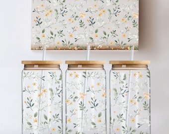 Yellow Ditsy Floral SEAMLESS Libbey Glass Wrap, Floral 16oz Glass Can Wrap, Glass Tumbler Wrap, Wildflower Glass Can PNG, Flowers Libbey PNG