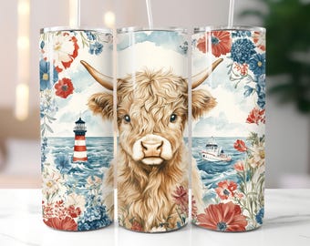Coastal Beachy Highland Cow 20oz Skinny Tumbler, Sublimation Design, Digital Download PNG, Instant DIGITAL ONLY, Vintage Floral Tumbler Wrap