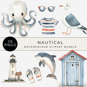 Nautical Clipart Set, Watercolour Clipart Bundle, Watercolour Nautical PNGs, Sea Life Illustrations Bundle, Commercial Use