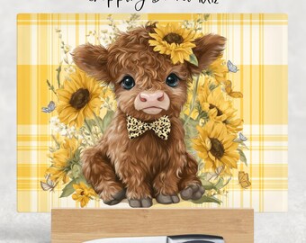 Sunflower Gingham Highland Cow Cutting Board Design, Baking Sublimation Board, Sublimation Cutting, Glass Kitchen Cutting Board PNG