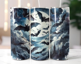 Bat Swarm 20 oz Skinny Tumbler Sublimation Design, Black Bat Tumbler, Halloween Gothic Tumbler, Witch Tumbler Wrap