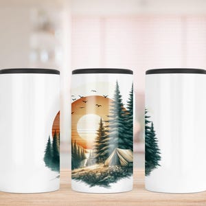 Sunset at Camp SEAMLESS 4 in 1 Can Cooler Sublimation Design, Woodland Sublimation Can Holder, Camping Can Cooler, Nature Can Holder Wrap