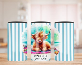Beach Hair Don't Care Highland Cow 4 in 1 Can Cooler Sublimation, Highland Cow Sublimation Can Holder, Beach Can Cooler, Can Holder Wrap