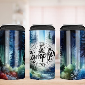 Campfire Nights 4 in 1 Can Cooler Sublimation Design, Camping Sublimation Can Holder PNG, Camping Can Cooler, Can Holder Wrap