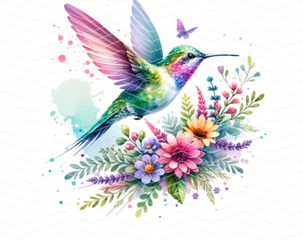 Watercolour Hummingbird PNG Pastel Bird Clipart, Hummingbird PNG, Spring Floral Clip Art Bundle, Hummingbird Digital Art